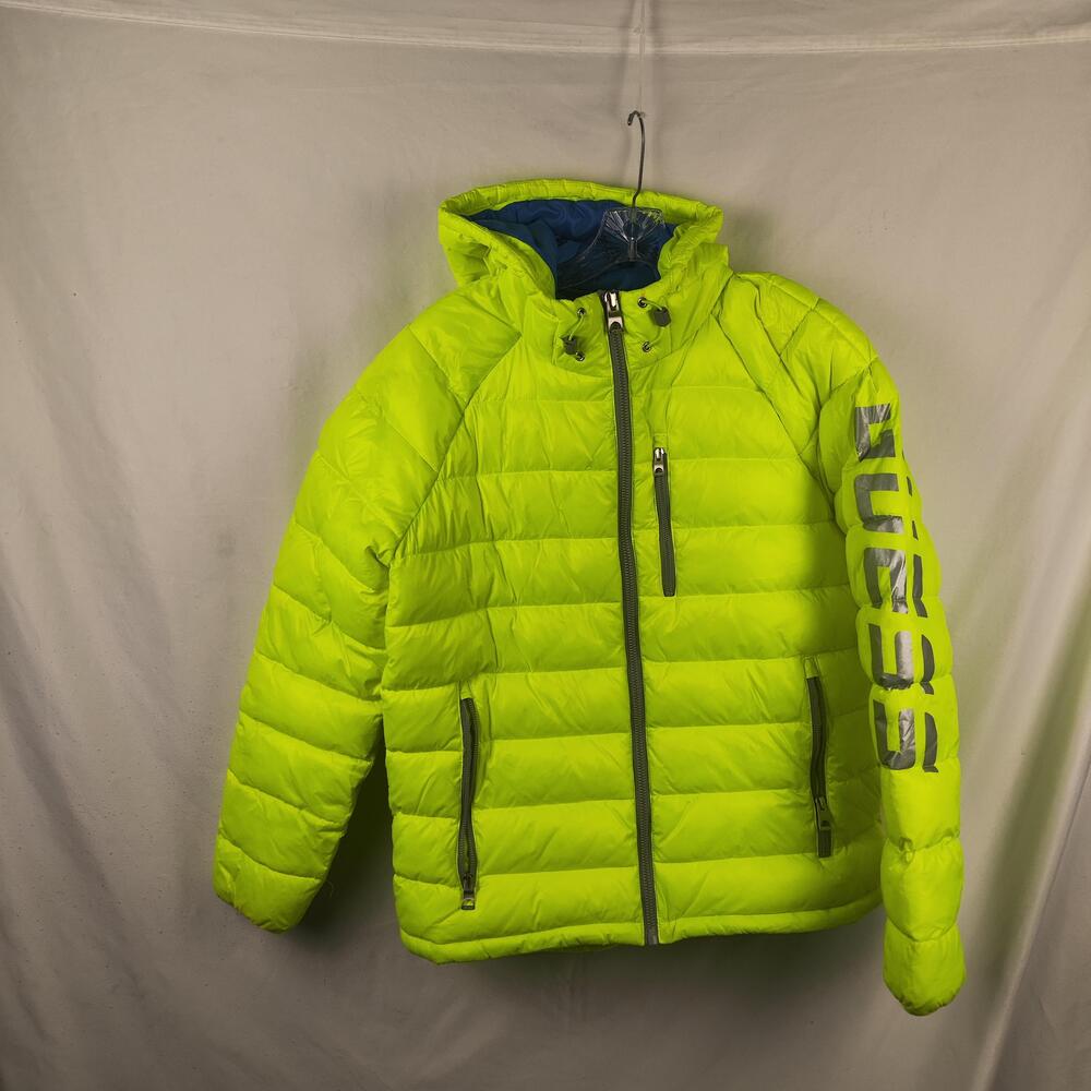 GUESS Jacket Mens Medium Yellow Hooded Puffer Quilted Full Zip Sleeve Logo
